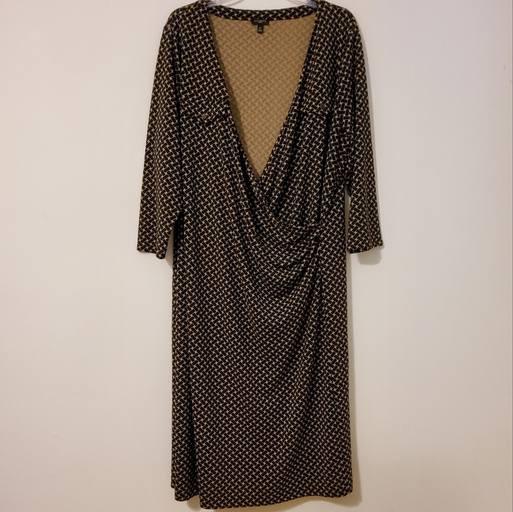 Talbots Woman Stretch Black/Beige 3/4 Sleeve Sheath Wrap Dress Size 2X